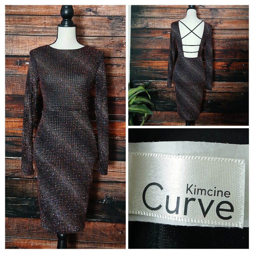 Kimcine Curve Dress M Bodycon Glitter Sparkle Backless Long Sleeve US Made